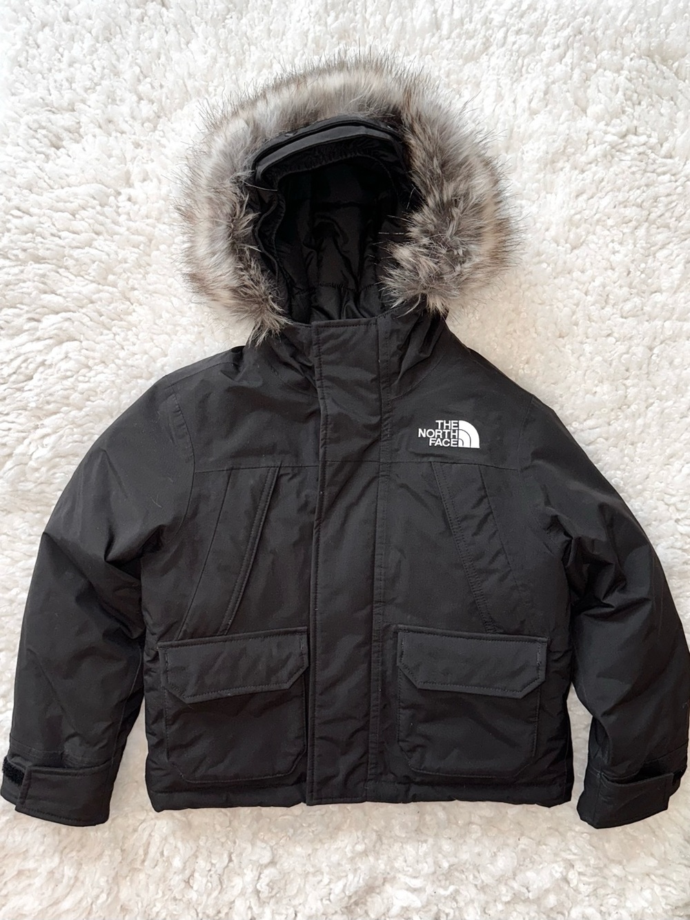 The North Face Kids Black Puffer Jacket with Faux Fur Hood/ Removable fur/Size 6